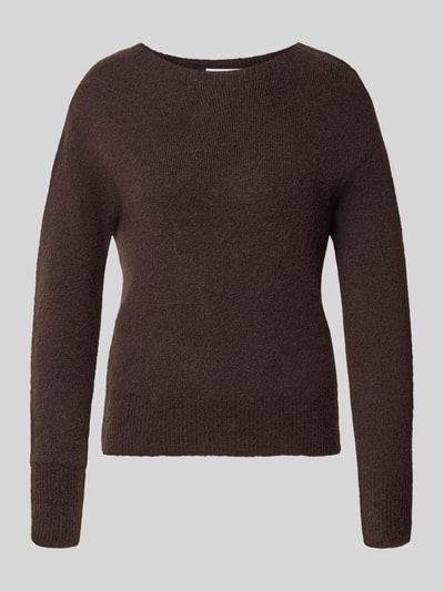 Produktfoto, Slim Fit Longsleeve mit Alpaka-Anteil von Rich & Royal in Dunkelbraun, feine Stricktextur, Rundhalsausschnitt, elastisch