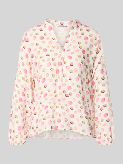 Produktfoto, Regular Fit Bluse aus reiner Viskose Modell 'Josy' von ZABAIONE mit buntem Tupfenmuster, Tunika-Kragen, elastische Ärmelabschlüsse, Rückenlänge 62 cm, Ärmellänge 56 cm, Größe S, glatte Textur, helle Farbtöne.