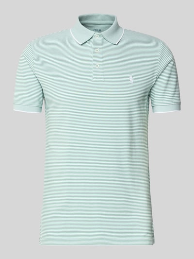 Produktfoto, Slim Fit Poloshirt aus Baumwoll-Mix von Polo Ralph Lauren in Hellgrün mit feinen weißen Streifen, Polokragen, Logo-Detail, Piqué-Struktur
