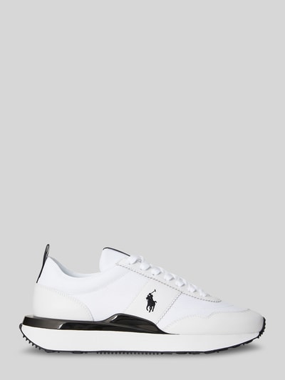 Produktfoto, Low Top Sneaker aus echtem Leder von Polo Ralph Lauren, weiß, unifarben, Logo-Print, schwarze Details, strukturierte Sohle