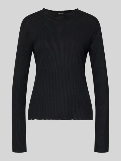 Produktfoto, Slim Fit Langarmshirt mit Viskose-Anteil von s.Oliver RED LABEL, czarny, jednolity, prążkowany, krój slim fit, wysoki dekolt, długie rękawy, wykończenie falbanką.