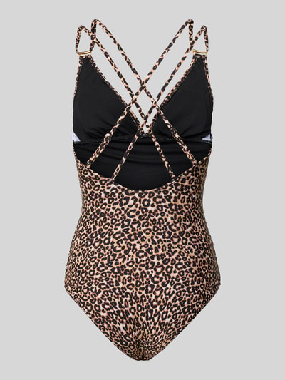 Frauenmodel trägt Badeanzug mit gekreuzten Trägern Modell 'Mayumi' von LASCANA im Allover-Leo-Look, Material-Mix, Ganzkörperansicht Rückansicht.