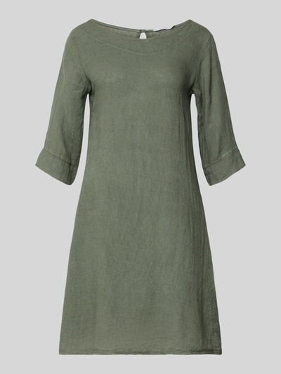 Produktfoto, Leinenkleid mit Rundhalsausschnitt Modell 'Le44tizia' von ZABAIONE in A-Linie, 3/4-Arm, einfarbig oliv, glatte Leinenstruktur