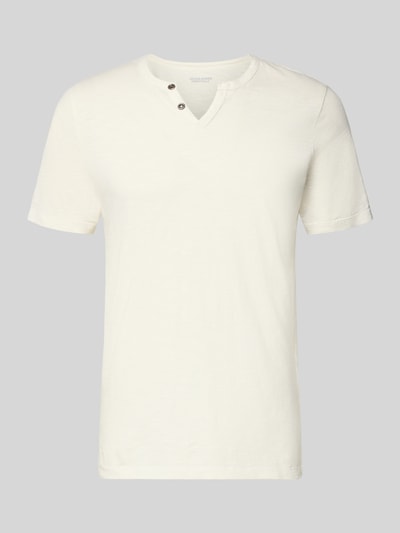 Produktfoto, T-Shirt aus Baumwolle Modell 'SPLIT' van Jack & Jones, rechte fit, V-hals, knoopsluiting, effen wit, katoen textuur