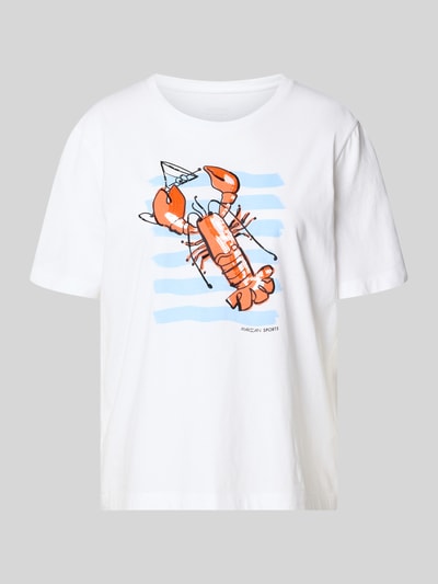 Produktfoto, T-Shirt mit Motiv-Print und Pailletten von Marc Cain, biała bawełna, krój regular fit, motyw nadruku, cekiny, dekolt okrągły, długość tyłu w rozmiarze 36: 56 cm