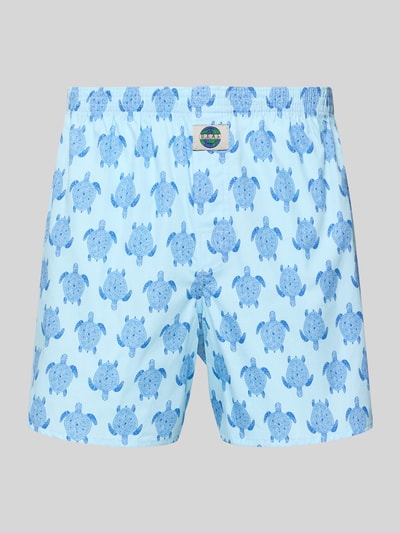 Produktfoto, hellblaue Boxershorts aus reiner Baumwolle Modell 'Schildkröte' von Deal mit blauem Schildkrötenmuster, lockere Passform, elastischer Bund, Label-Patch, glatte Struktur