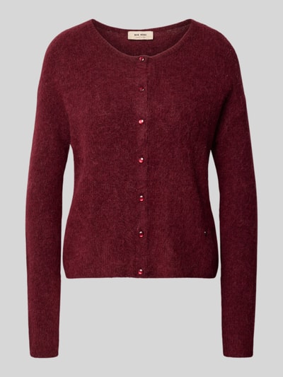 Produktfoto, Strickjacke aus Alpaka-Mix von MOS MOSH in dunklem Bordeauxrot, lockere Passform, gerippte Abschlüsse, Baumwoll- und Stretch-Anteil