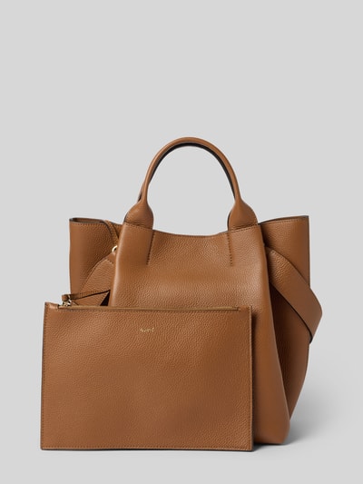 Produktfoto, Handtasche mit Logo-Applikation von Abro in Braun mit Strukturmuster, Magnetverschluss, Schulterriemen, herausnehmbare Innentasche, Breite 33 cm, Länge 32 cm, Tiefe 19 cm, Riemenlänge 34 cm.