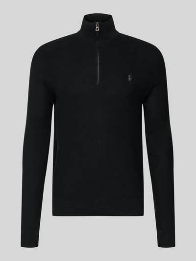 Produktfoto, Strickpullover mit Label-Stitching von Polo Ralph Lauren, zwart, puur katoen, regular fit, ribboorden, opstaande kraag, korte ritssluiting.