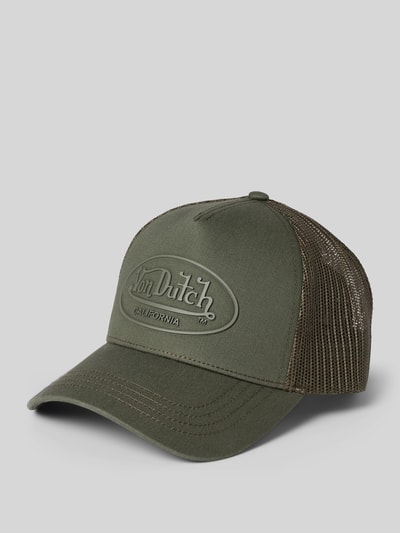 Produktfoto, Trucker Cap mit Label-Print und verstellbarem Riegel von Von Dutch in Olivgrün aus Baumwoll-Mix mit verstärktem Schirm und Mesh-Struktur