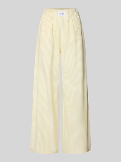 Produktfoto, Wide Leg Stoffhose aus Baumwoll-Mix Modell 'STELLA' von VILLA SOPHIE, Optik: Allover-Muster, Label-Patch, elastischer Bund, seitliche Eingrifftaschen, hellgelbe Farbgebung mit feinen weißen Streifen, glatte Textur