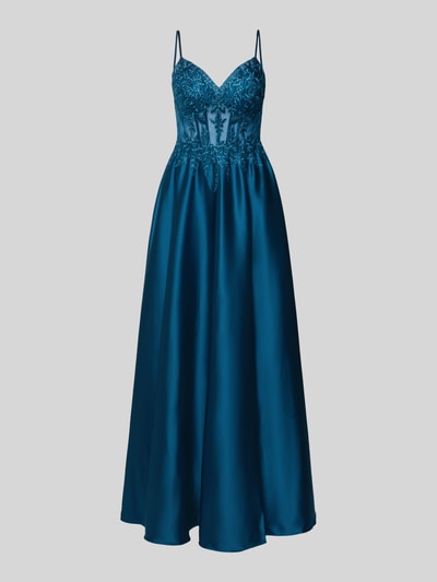 Produktfoto, Corsagenkleid mit Stitchings und Ziersteinbesatz von Luxuar in Petrol, Satin, taillierter Schnitt, Maxikleid auf grauem Hintergrund