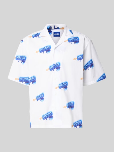 Produktfoto, Relaxed Fit Freizeithemd mit Logo Print von Hugo Blue, Optik:Allover-Muster, Reverskragen, Kurzarm, einreihige Knopfleiste, Weiß-Blau