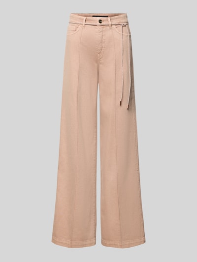 Produktfoto, Wide Leg Jeans mit 5-Pocket-Design von Marc Cain, bawełniano-elastanowa mieszanka, luźny krój, pasek, szerokość w rozmiarze 36: 36 cm, długość nogawki od wewnątrz w rozmiarze 36: 83 cm, beżowy odcień, wyraźne przeszycia, miękka tekstura.