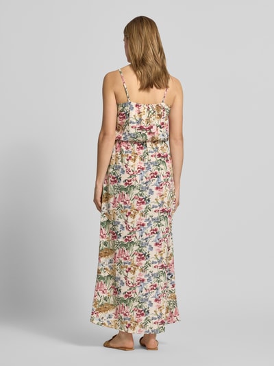 Frauenmodel trägt Maxikleid aus Crêpe Modell 'WINNER LIFE' von Only mit floralem Allover-Muster und verstellbaren Spaghettiträgern, Ganzkörperansicht Rückansicht.