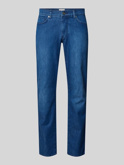 Produktfoto, Jeans im Used-Look Modell 'Cadiz' von BRAX, blauwe katoenmix met stretch, regular fit, steekzakken, bandwijdte 44 cm, binnenbeenlengte 80 cm.