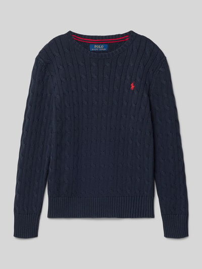 Produktfoto, Regular Fit Pullover aus reiner Baumwolle von Polo Ralph Lauren Teens, effen donkerblauw, kabelpatroon, logostitching, tricot, puur katoen