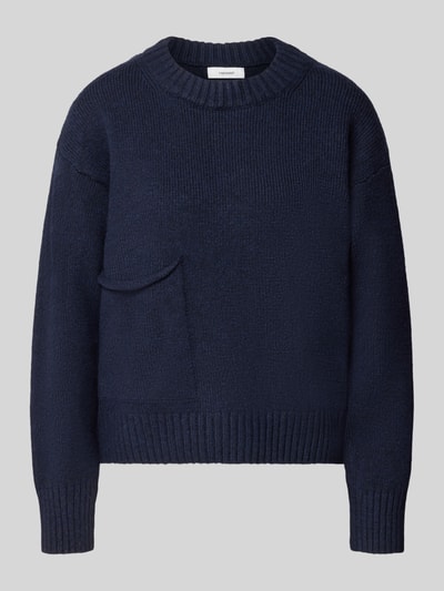 Productfoto, donkerblauwe zachte Strickpullover met opgestikte zak Modell 'FRANKIE' van Topshop, relaxte fit, ronde hals, damespullover, wolmix