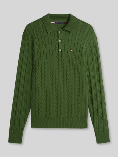 Produktfoto, Regular Fit Strickpullover aus reiner Baumwolle von Tommy Hilfiger, grün, Zopfmuster, Polokragen, Unifarbe, Strickstruktur