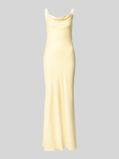 Produktfoto, Slim Fit Abendkleid mit Viskose-Anteil Modell 'Amery' von Forever New, Damen Abendkleid aus Satin im Ärmellosen-Design, Material-Mix, glatte und fließende Textur, Rückenlänge 138 cm, Brustweite 37 cm, Farbe hellgelb.