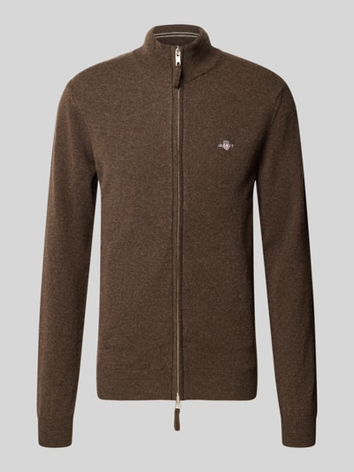 Produktfoto, Regular Fit Pullover aus reiner Wolle von GANT in Braun, unifarbenes Strickmaterial, Rundhals, Reißverschluss, Label Stitching, gerippte Abschlüsse