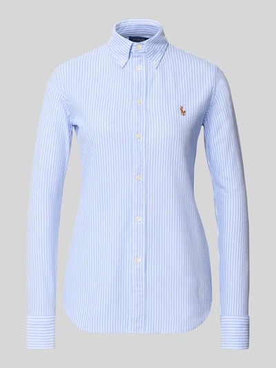 Produktfoto, Regular Fit Hemdbluse aus reiner Baumwolle Modell 'HEIDI' von Polo Ralph Lauren mit feinen blauen Streifen, Button-Down-Kragen, aufgesetzter Knopfleiste, Piqué-Textur und Logo-Stickerei auf Brusthöhe