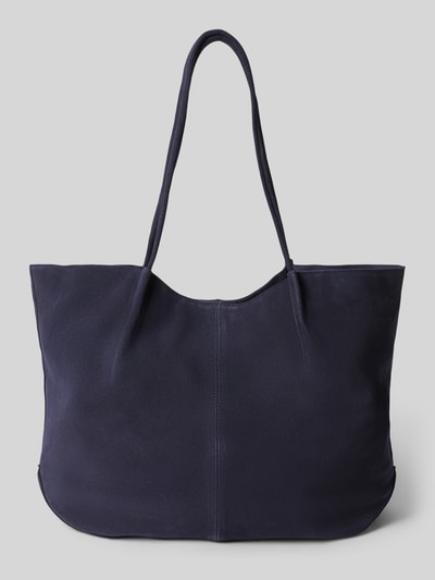 Produktfoto, dunkelblaue Tote Bag aus echtem Rindsleder Modell 'Bella' von MANGO mit schmalen Schulterriemen und Magnetverschluss, glatte strukturierte Oberfläche, Maße: 47x31x13 cm, Riemenlänge 60 cm