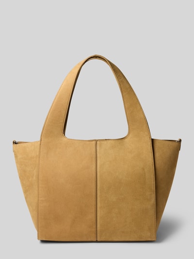 Produktfoto, Tote Bag aus Leder-Mix Modell 'Ramona' von MANGO, sandfarben, breite Form, sichtbare Naht, glatte und samtige Texturen, Hauptfach mit Magnetverschluss, Schulterriemen 62 cm, Maße 54x33x14 cm.