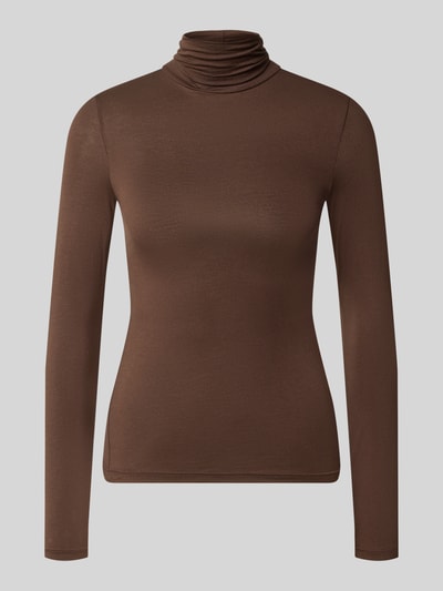Produktfoto, Slim Fit Longsleeve aus viscosemix Model 'Rana' van GUIDO MARIA KRETSCHMER WOMAN, dames shirt met lange mouwen met col, ruglengte bij maat 36: 56 cm, effen bruin, glad oppervlak, eenvoudige lijnen