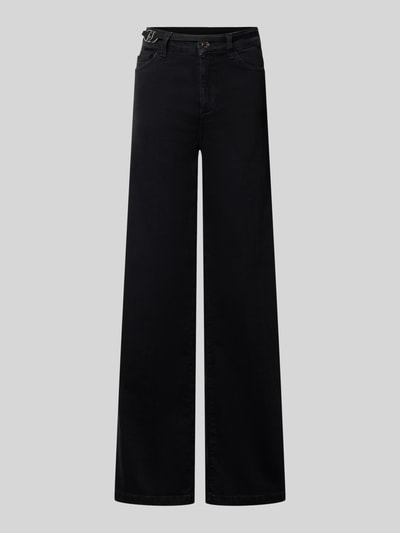 Produktfoto, Flared Fit Jeans aus Baumwoll-Mix von Liu Jo White in Schwarz mit 5-Pocket-Design und Logo-Detail auf hellem Untergrund. Elastischer Stoff, sichtbarer Knopf- und Reißverschluss, Damen Jeans von Liu Jo.