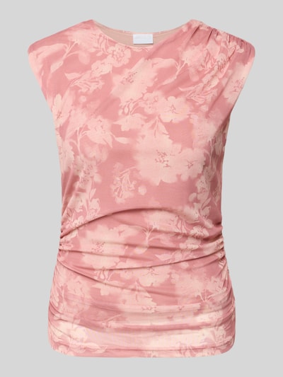 Produktfoto, T-Shirt mit Raffungen und Rundhalsausschnitt von Jake*s Collection in Rosa mit floraler Textur, körpernah, Material-Mix mit Stretch.