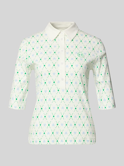 Produktfoto, Slim Fit Poloshirt mit Logo-Applikation von Marc Cain, Baumwoll-Mix, Allover-Motiv-Print, Halbarm, Polokragen, Weiß mit grünen und blauen Details