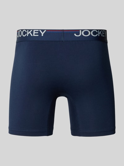 Produktfoto, Slim Fit Trunks mit Logo-Stitching im 3er-Pack von Jockey für Herren aus elastischem Baumwoll-Mix in Dunkelblau.
