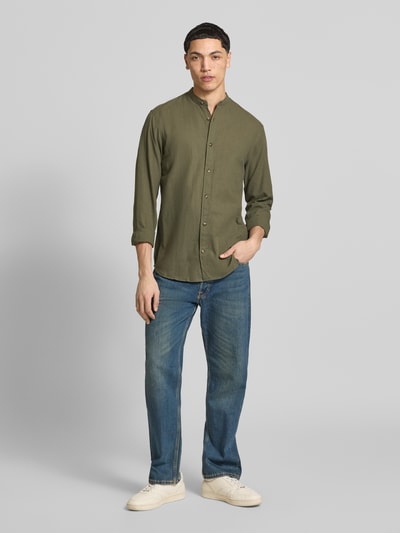 JACK & JONES Regular Fit Freizeithemd aus Baumwoll-Leinen-Mix Oliv 1