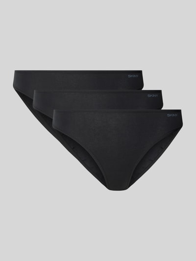 Produktfoto, drei schwarze Slips aus Baumwoll-Mix mit Logo-Print im 3er-Pack von SKINY, glatte Oberfläche, Slim Fit, Damenwäsche