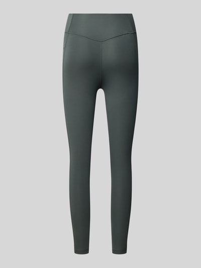 Produktfoto, Eng anliegende Sport-Leggings mit Gesäßtasche von adidas Training in Dunkelgrau, glatte Oberfläche, klare Nähte, Rückansicht