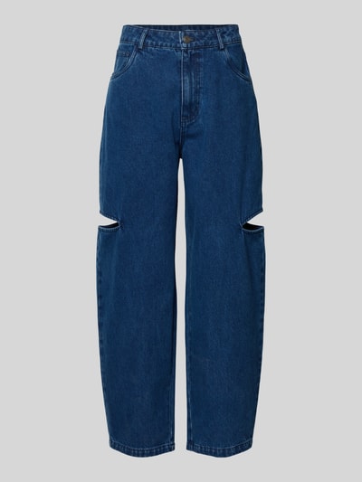 Produktfoto, Barrel Jeans mit seitlichen Cut Outs von Karo Kauer, Reine Baumwolle, Loose-Fit, 5-Pocket-Design, Knopf-Reißverschluss, dunkelblau