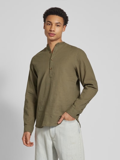 Jack & Jones Regular Fit Leinenhemd mit Maokragen Oliv 4