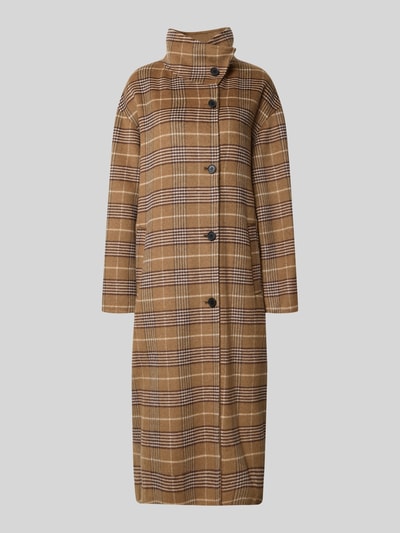 Produktfoto, Regular Fit Mantel mit Woll-Anteil von Jake*s Collection in braun-beigem Tartan-Allover-Muster, einreihige Knopfleiste, Umlegekragen, Bindegürtel, Gürtelschlaufen, Eingrifftaschen, langarm, strukturierte Oberfläche