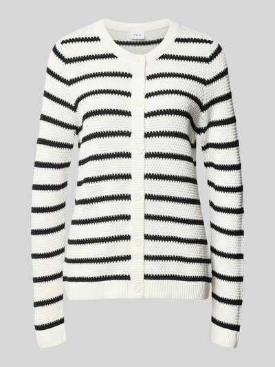 Produktfoto, Strickjacke mit Rundhalsausschnitt Modell 'DALO' van Vila, puur katoen, regular fit, knoopsluiting, zwarte en witte strepen, ruglengte maat S 57 cm, mouwlengte maat S 70 cm