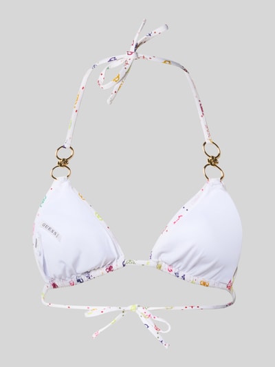 Produktfoto, Bikini-Oberteil mit Logo-Detail Modell 'Ines' von Guess für Damen aus Elastischer-Material-Mix in Weiß mit buntem Logo-Print, Halterneck