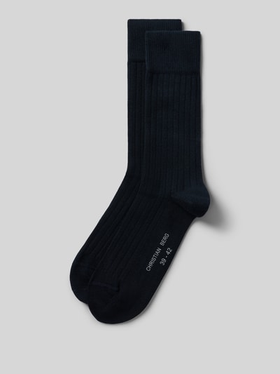Produktfoto, Socken aus Baumwoll-Mix im 2er-Pack von Christian Berg Men, dunkle Farbe, Ripp-Optik, Label-Print, elastisches Bündchen