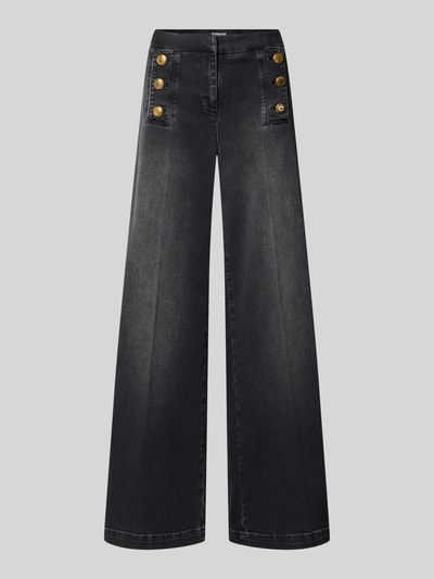 Produktfoto, czarne jeansy z szerokimi nogawkami, złote guziki, mieszanka modalu i bawełny, Wide & Loose Fit Jeans aus Baumwoll-Mix Modell 'BRIDGET' von SEDUCTIVE, damskie jeansy od SEDUCTIVE