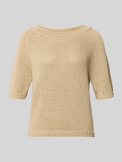 Produktfoto, sweter z dzianiny 'Strickpullover aus Leinen-Mix mit 1/2-Arm' od Luisa Cerano, mieszanka lnu i bawełny, krój regular fit, okrągły dekolt, rękaw o dł. 1/2, długość tyłu w rozmiarze 36: 55 cm, długość rękawów w rozmiarze 36: 36 cm, beżowa dzianina, gruby splot, gładka faktura