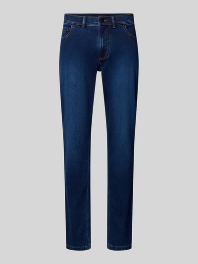 Produktfoto, Jeans aus Soft Denim mit 9% Cashmere-Anteil von Christian Berg Men, Slim Fit, blaue Farbe, sichtbare Nähte, glatte Struktur