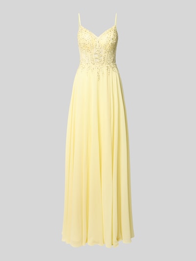Produktfoto, Corsagenkleid mit Stitchings und rückseitiger Schnürung von Luxuar, żółty szyfon, krój taliowany, długość maxi, zdobienia z kamieni, rozcięcie u dołu, szerokość w rozmiarze 36: 31 cm, długość tyłu w rozmiarze 36: 145 cm