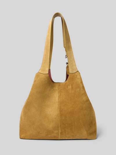 Produktfoto, Torebka z uchwytem Handtasche mit Tragehenkel od Coccinelle, z główną przegrodą na zapięcie na magnes, detal z logo, szerokie 40 cm, długość 29 cm, głębokość 16 cm, długość paska na ramię 52 cm, kolor jasny brąz, miękka faktura zamszu.