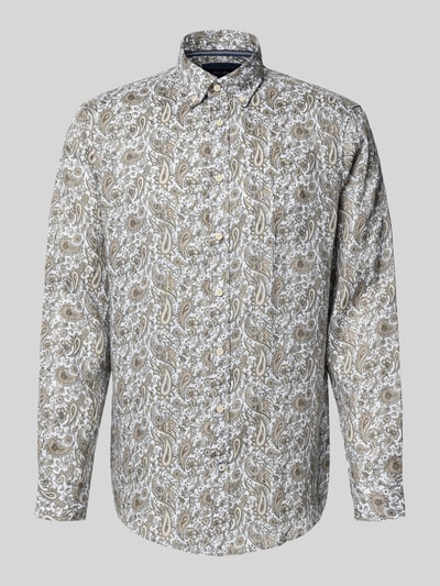 Produktfoto, Regular Fit Leinenhemd aus reinen Leinen von Christian Berg Men mit Allover-Paisley-Print, Button-Down-Kragen, Sportmanschetten, langärmelige Passform und durchgehender Knopfleiste in Braun, Beige und Weiß, feine strukturierte Leinen-Oberfläche