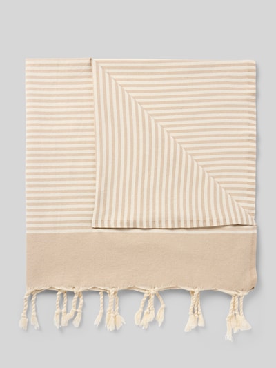 Produktfoto, Handtuch mit Logo-Detail Modell 'Foutas' von MC2 Saint Barth aus reiner Baumwolle, rechteckige Passform, beige gestreift, Maße 100 cm Breite, 200 cm Länge