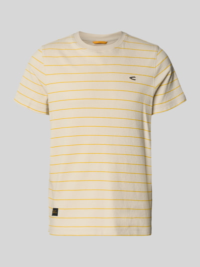 Produktfoto, T-shirt met streepmotief en logo van camel active, puur katoen, regular fit, ronde hals, ruglengte maat M 70 cm, geel en crème, fijne textuur